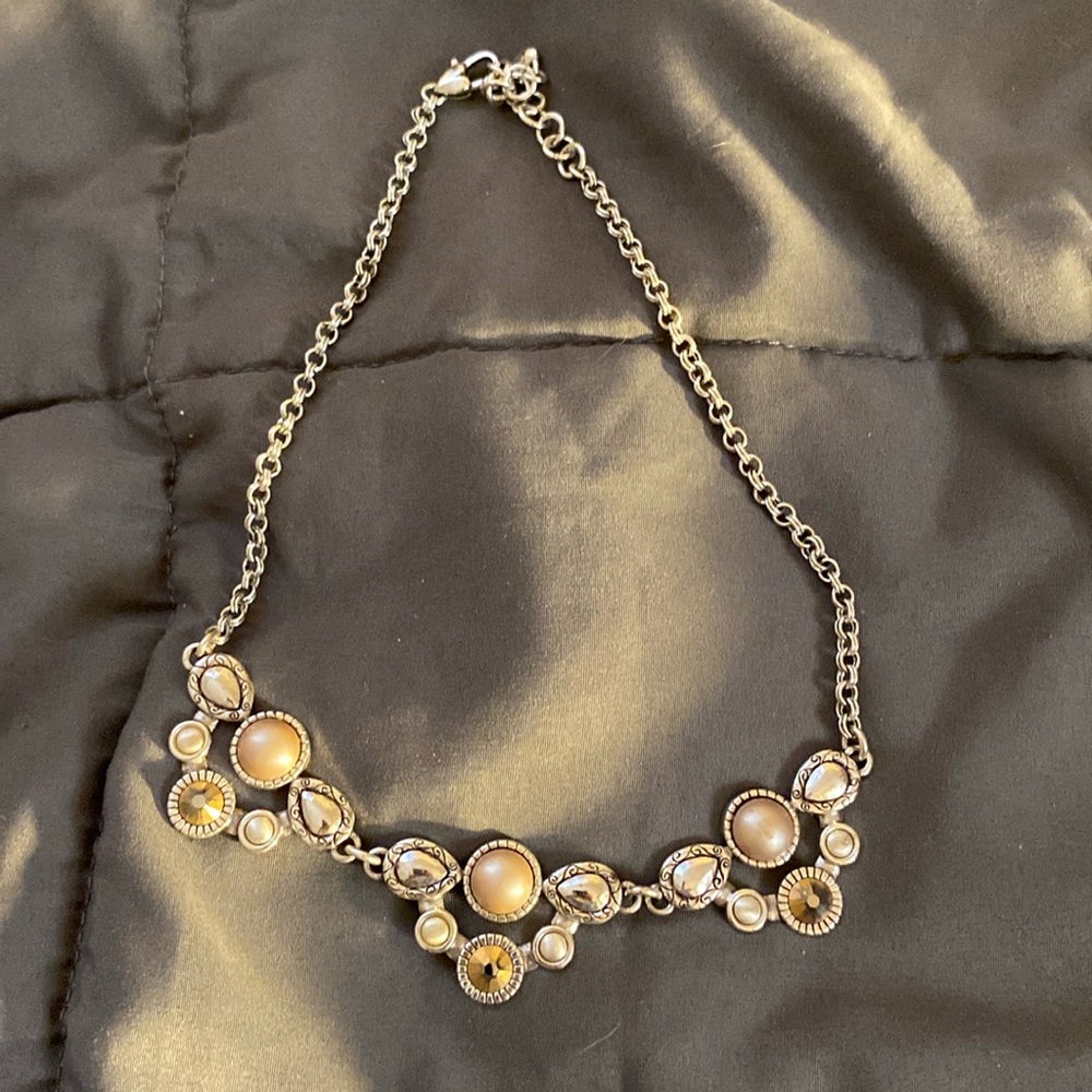 Brighton Jeweled Faceted Champagne Faux Grey Pearl Necklace